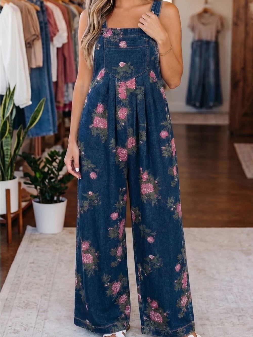 Amazon Floral Denim Wide-Leg Overalls - Dark Blue with Pink Floral